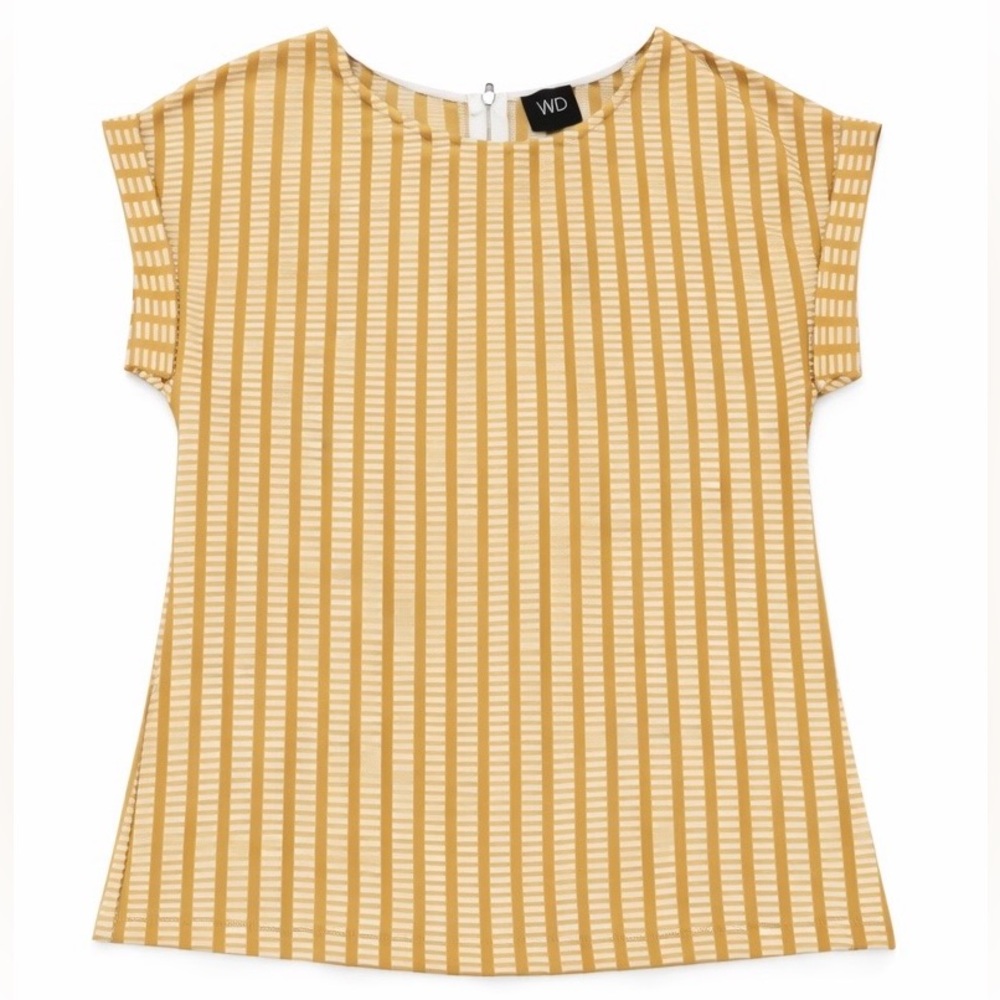 W5 Mustard Yellow Geometric Stripe Blouse Short Sleeve Back Zip Top Size Large